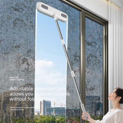 Extendable stainless handled brush cleaning a window flyscreen
