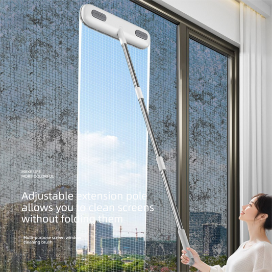 Extendable stainless handled brush cleaning a window flyscreen