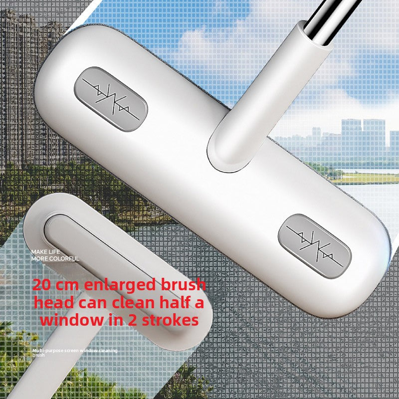 Extendable stainless handled brush cleaning a window flyscreen