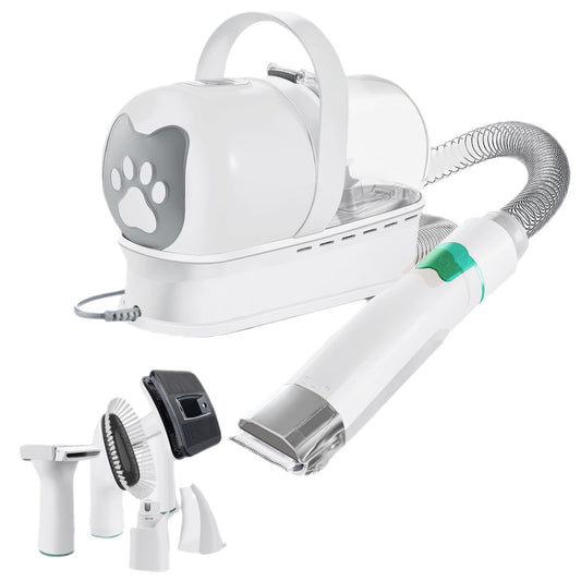 White 7-in-1 pet grooming vacuum kit with attachments and dust cup