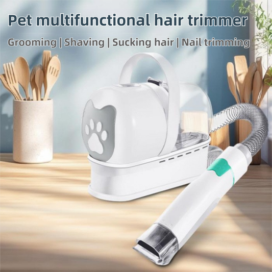 White 7-in-1 pet grooming vacuum kit with attachments and dust cup