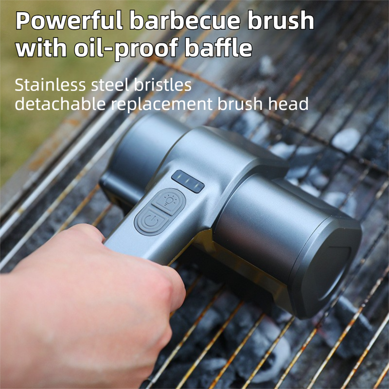 Cordless electric grill cleaner with LED light, three brush heads and USB charging