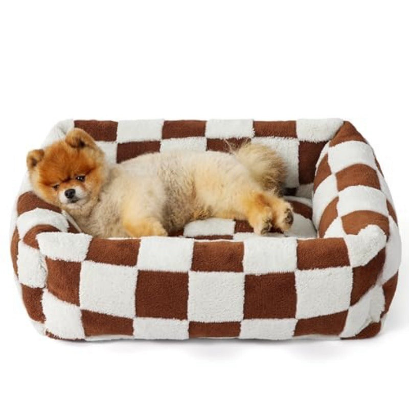 Brown plaid plush pet bed with raised bolsters and removable cover