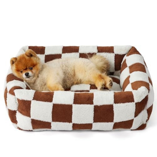 Brown plaid plush pet bed with raised bolsters and removable cover