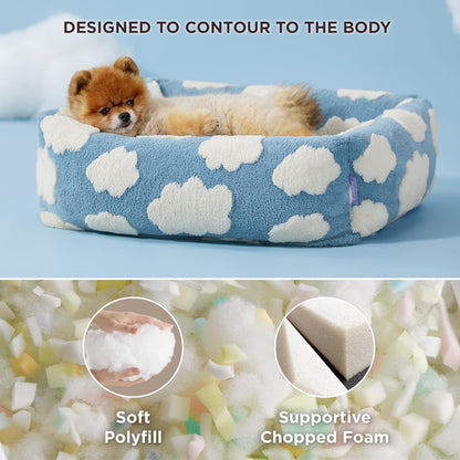 Brown plaid plush pet bed with raised bolsters and a removable cover