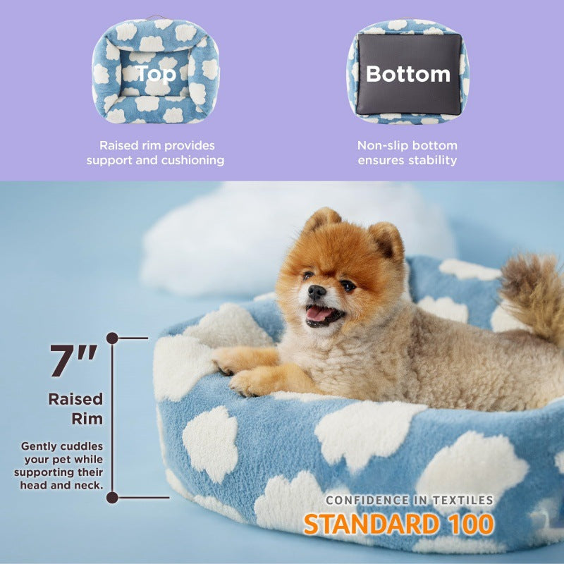Brown plaid plush pet bed with raised bolsters and a removable cover