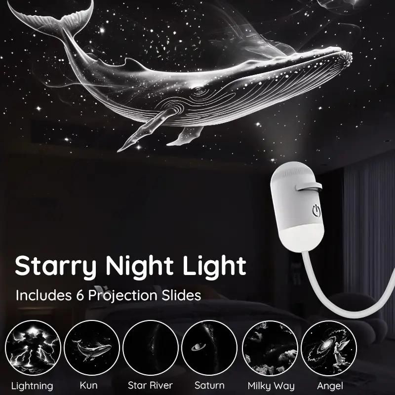 Galaxy star projector casting nebula patterns across a bedroom ceiling