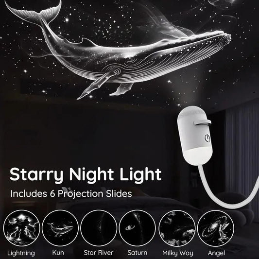 Galaxy star projector casting nebula patterns across a bedroom ceiling