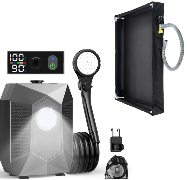 Portable camping shower pump kit with digital display, LED light and foldable basin tray