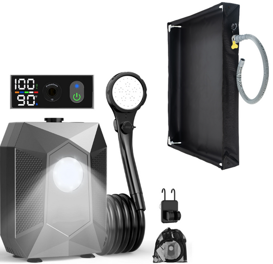 Portable camping shower pump kit with digital display, LED light and foldable basin tray