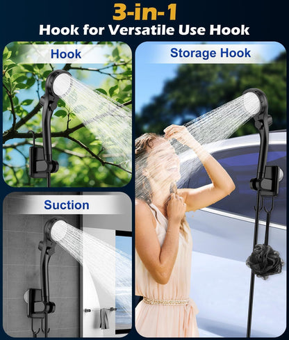 Portable camping shower pump kit with digital display, LED light and foldable basin tray