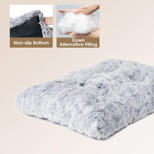 Thick grey plush winter dog bed with long faux fur on a timber floor