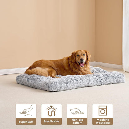 Thick grey plush winter dog bed with long faux fur on a timber floor