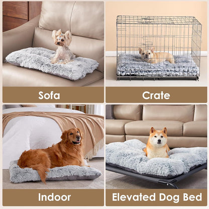 Thick grey plush winter dog bed with long faux fur on a timber floor