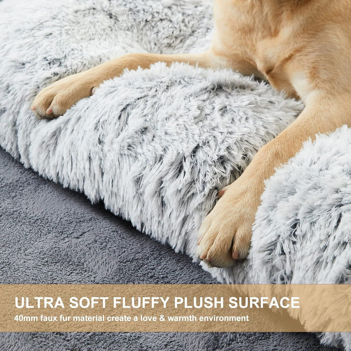 Thick grey plush winter dog bed with long faux fur on a timber floor