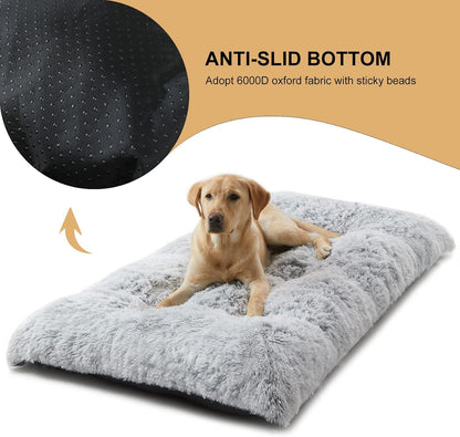 Thick grey plush winter dog bed with long faux fur on a timber floor