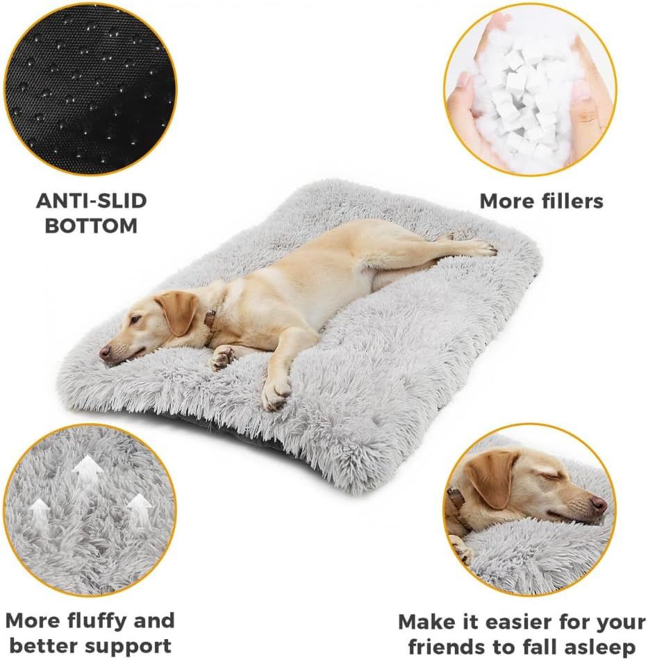 Thick grey plush winter dog bed with long faux fur on a timber floor