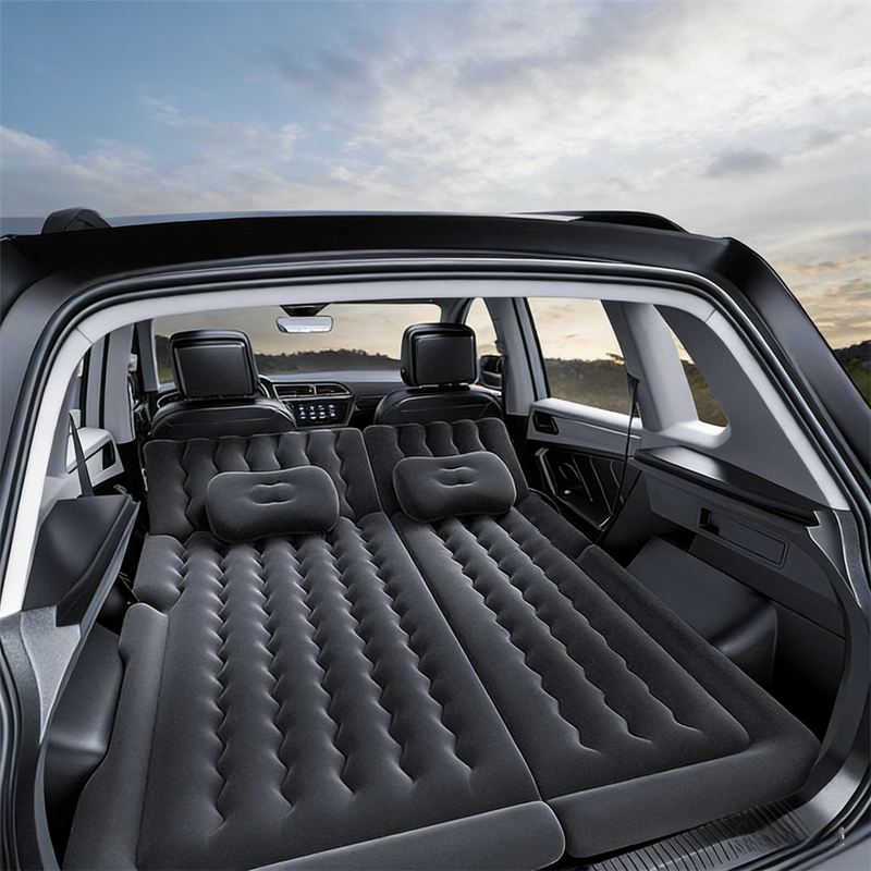 Black inflatable car air mattress with pillows and electric pump for trunk sleeping