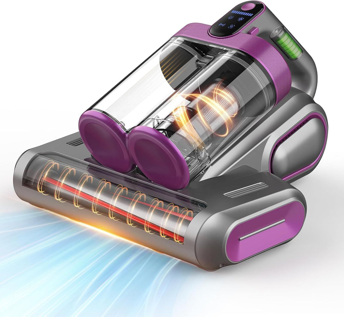 Grey and purple cordless UV mattress vacuum with LED display on a bed