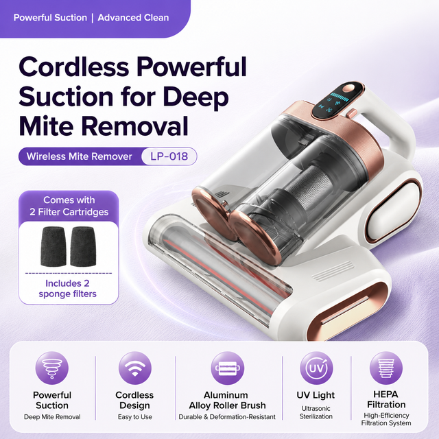 Grey and purple cordless UV mattress vacuum with LED display on a bed