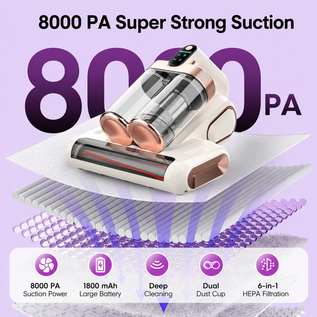 Grey and purple cordless UV mattress vacuum with LED display on a bed