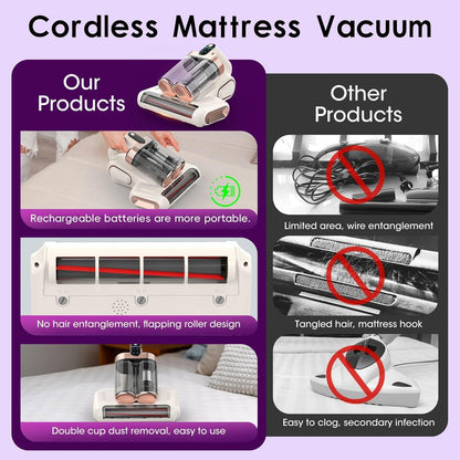 Grey and purple cordless UV mattress vacuum with LED display on a bed