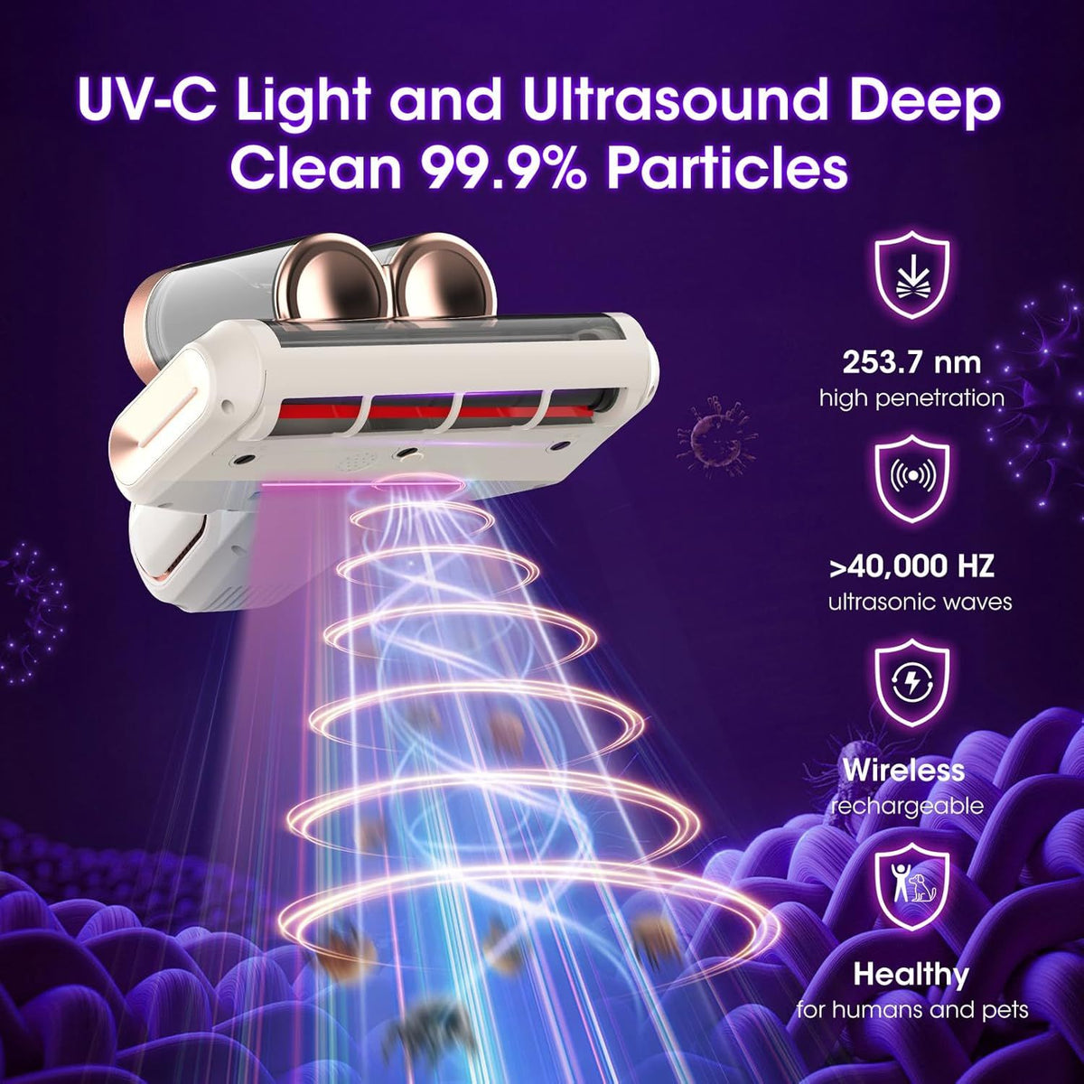 Grey and purple cordless UV mattress vacuum with LED display on a bed