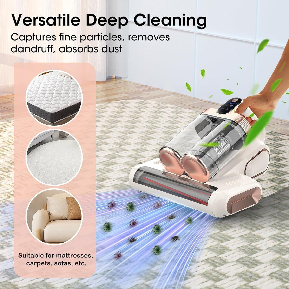 Grey and purple cordless UV mattress vacuum with LED display on a bed