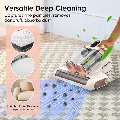 Grey and purple cordless UV mattress vacuum with LED display on a bed