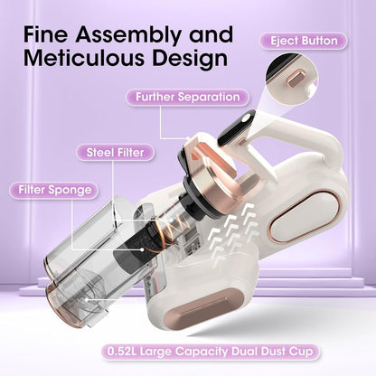 Grey and purple cordless UV mattress vacuum with LED display on a bed
