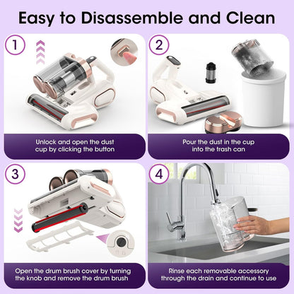 Grey and purple cordless UV mattress vacuum with LED display on a bed