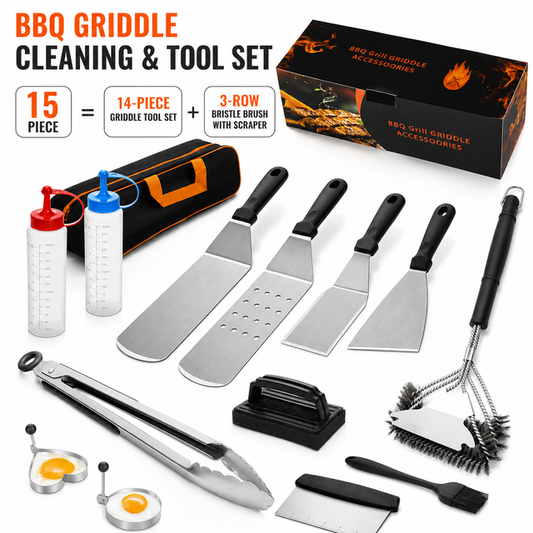 Stainless steel BBQ tool set with spatulas, tongs, egg rings, oil bottles, brush and storage bag