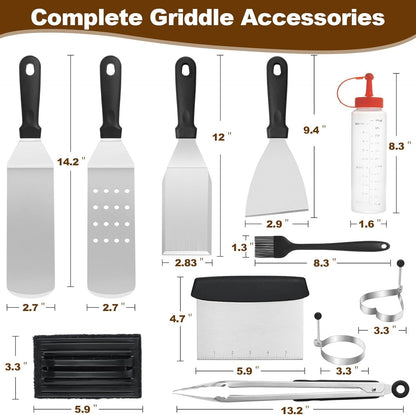 Stainless steel BBQ tool set with spatulas, tongs, egg rings, oil bottles, brush and storage bag