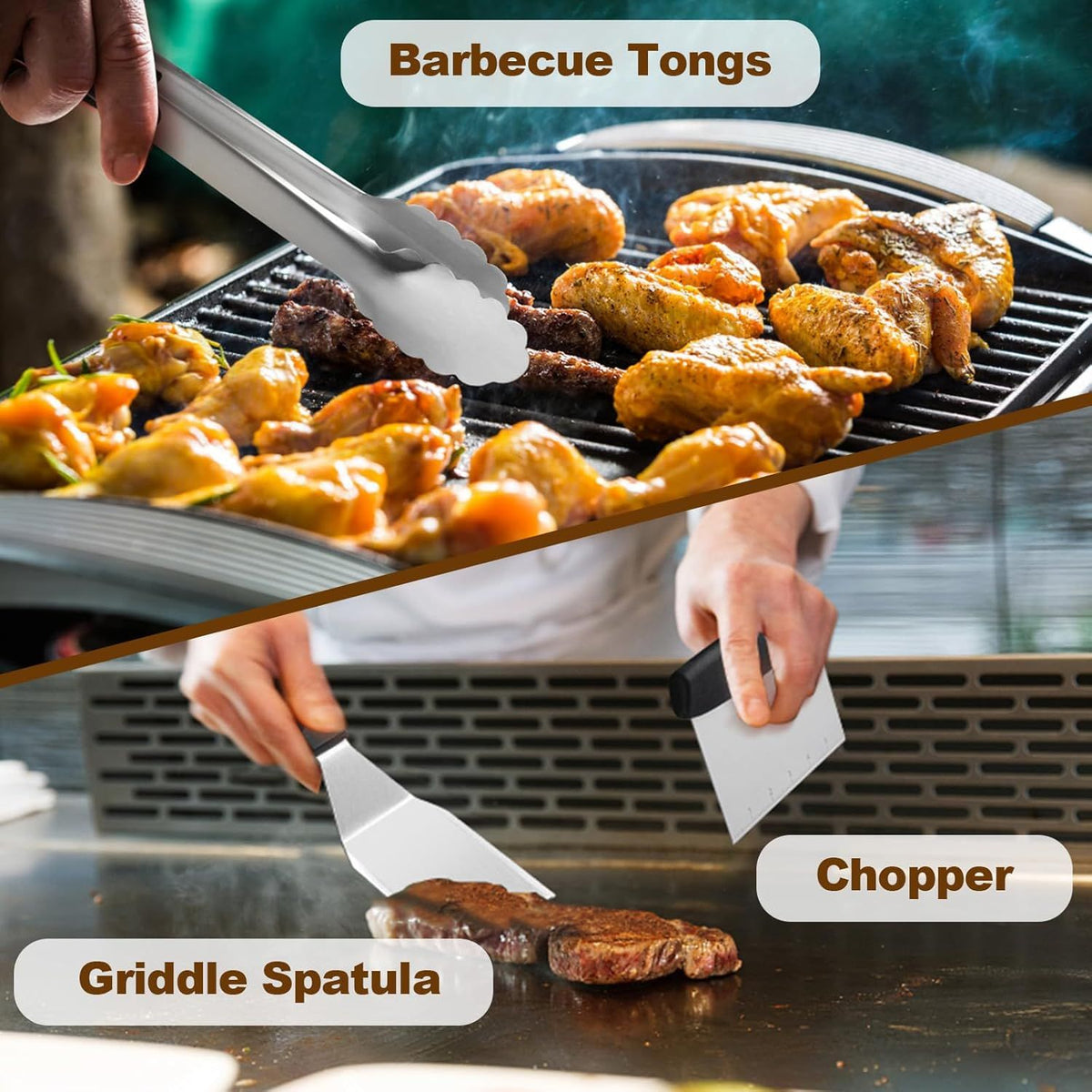 Stainless steel BBQ tool set with spatulas, tongs, egg rings, oil bottles, brush and storage bag