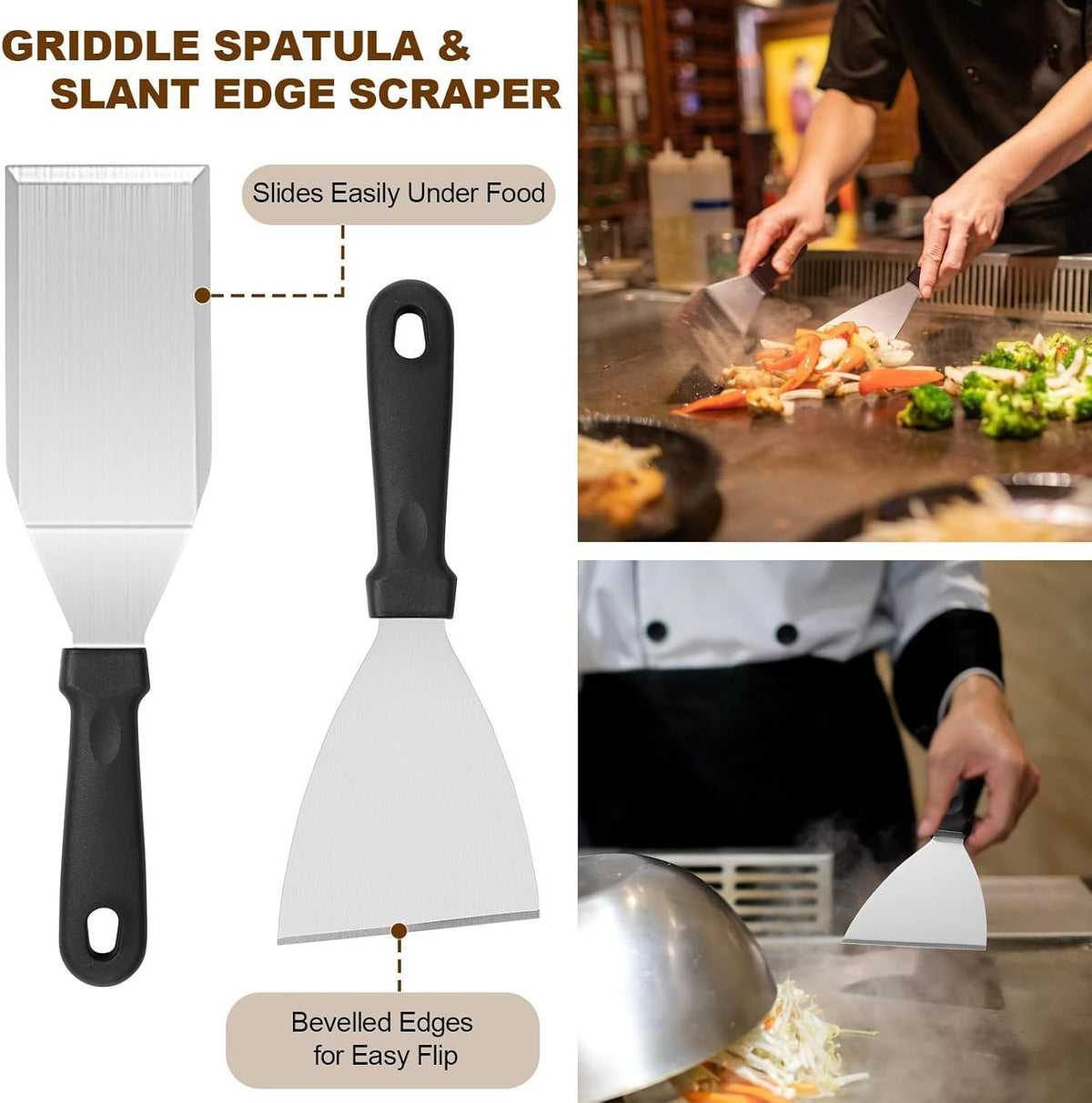 Stainless steel BBQ tool set with spatulas, tongs, egg rings, oil bottles, brush and storage bag