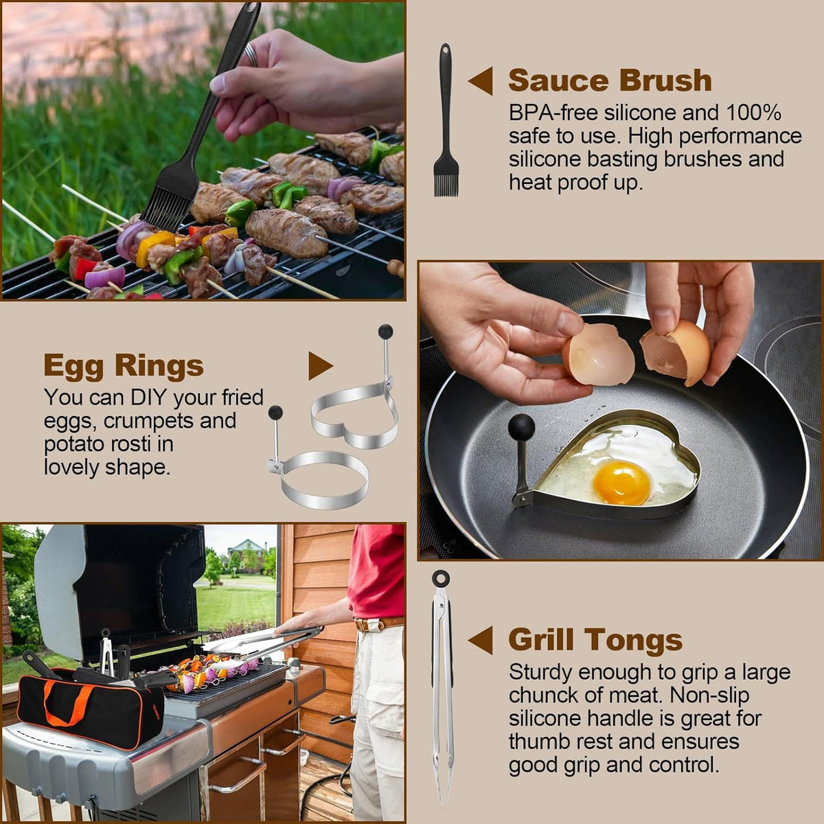 Stainless steel BBQ tool set with spatulas, tongs, egg rings, oil bottles, brush and storage bag
