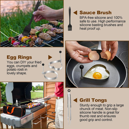 Stainless steel BBQ tool set with spatulas, tongs, egg rings, oil bottles, brush and storage bag