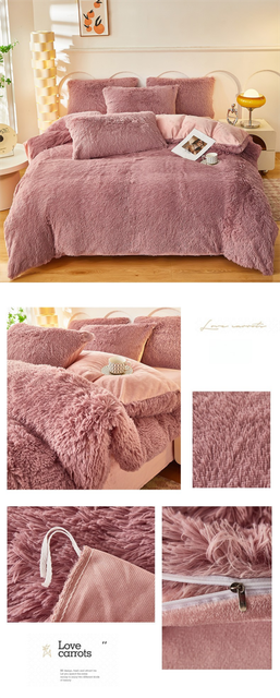 Dusty rose 4 piece bedding set with faux mink fur texture and matching pillowcases