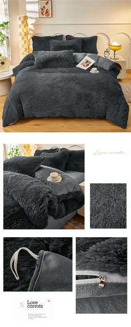 Dark grey 4 piece bedding set with plush faux fur finish and matching pillowcases