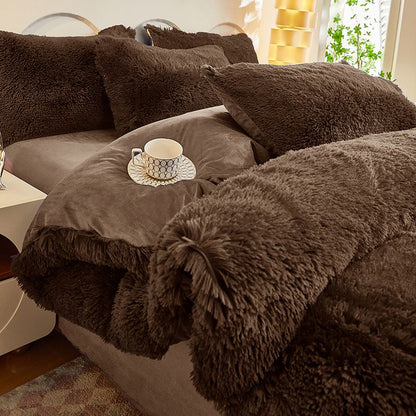 Faux mink fur bedding set with matching flat sheet and two pillowcases