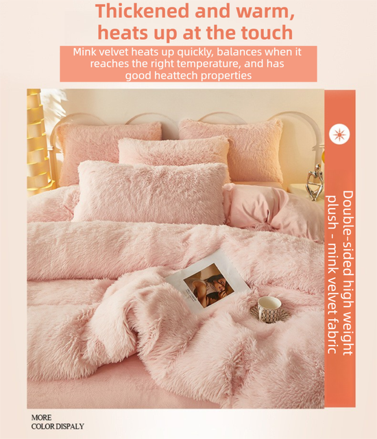 Faux mink fur bedding set with matching flat sheet and two pillowcases