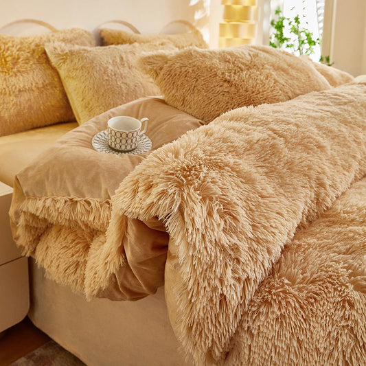 Khaki four piece quilt cover set with faux mink fur and crystal velvet