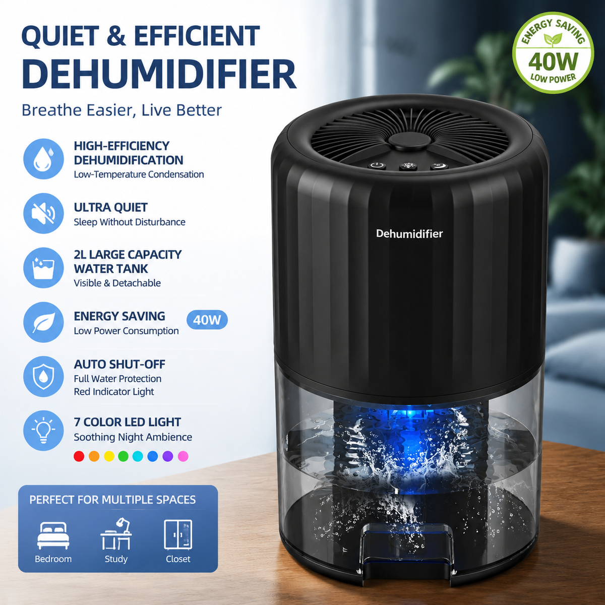 Black portable mini dehumidifier with visible 2L water tank and LED night light