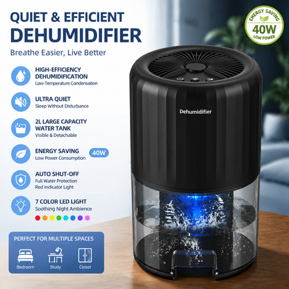 Black portable mini dehumidifier with visible 2L water tank and LED night light
