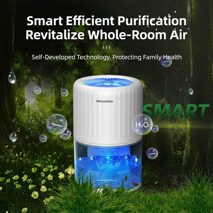 Black portable mini dehumidifier with visible 2L water tank and LED night light