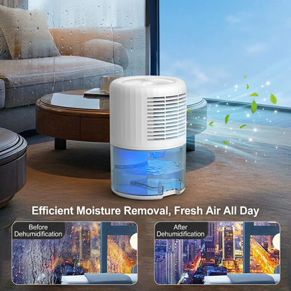 Black portable mini dehumidifier with visible 2L water tank and LED night light