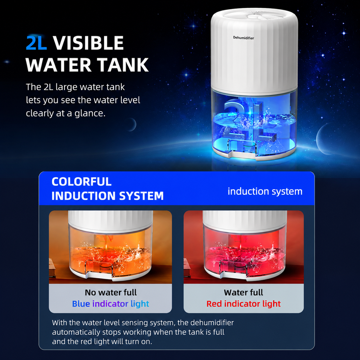 Black portable mini dehumidifier with visible 2L water tank and LED night light