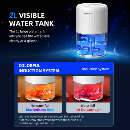 Black portable mini dehumidifier with visible 2L water tank and LED night light
