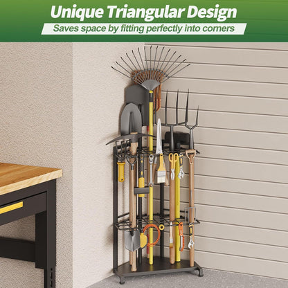Triangular metal corner rack holding garden tools upright in a shed
