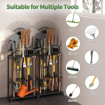 Triangular metal corner rack holding garden tools upright in a shed